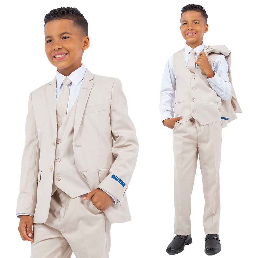 5-Piece Perry Ellis Portfolio Boys Slim Fit Solid Suit, Tan